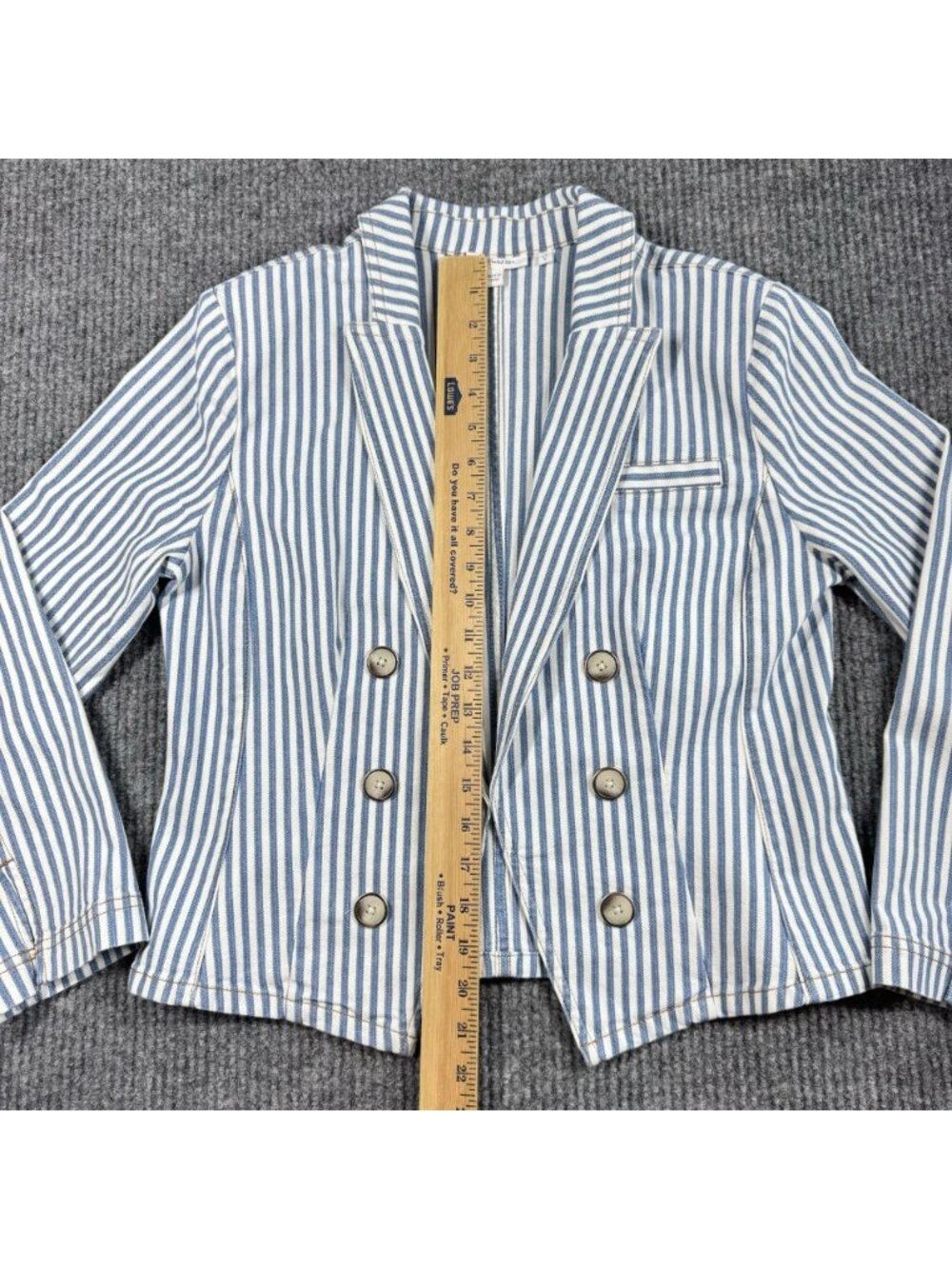 Chicos Open Front Denim Jacket Womens 1/Medium Blue White Striped Classic Fit - Picture 10 of 13
